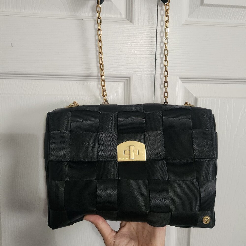 Harveys Mercedes Chelsea Black Crossbody w/ Gold Chain & Plum Liner
